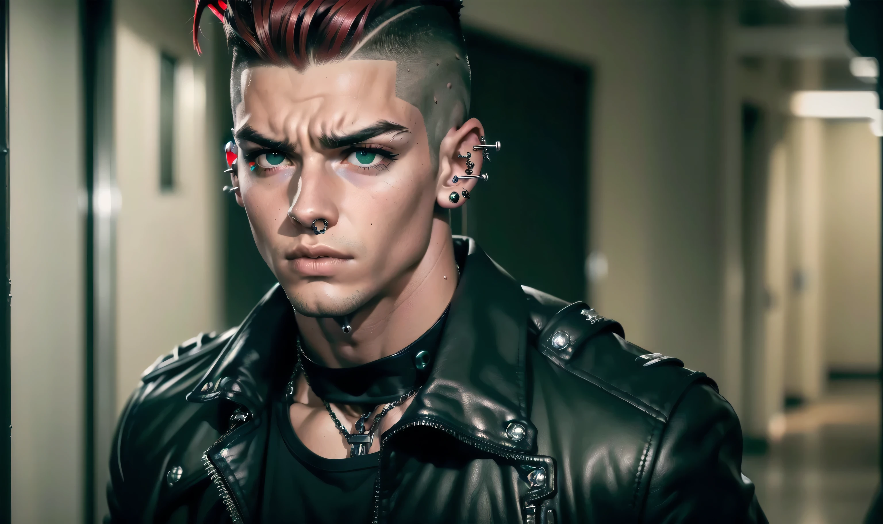 "((highly detailed, detailed eyes, detailed face, clear and realistic facial features, photorealistic, realistic light; cinematic)), (1 man), ((((school hallway background)))), (((gorgeous athletic punk tough bully male))), ((18-year-old age male)), ((((glaring expression)))), ((intimidating mood)), ((blue-green eyes)), ((long black hair with a undercut)), (((dressed in black and leather))), ((multiple metal ear piercings)), ((male black eye makeup)), ((red tint in hair))."