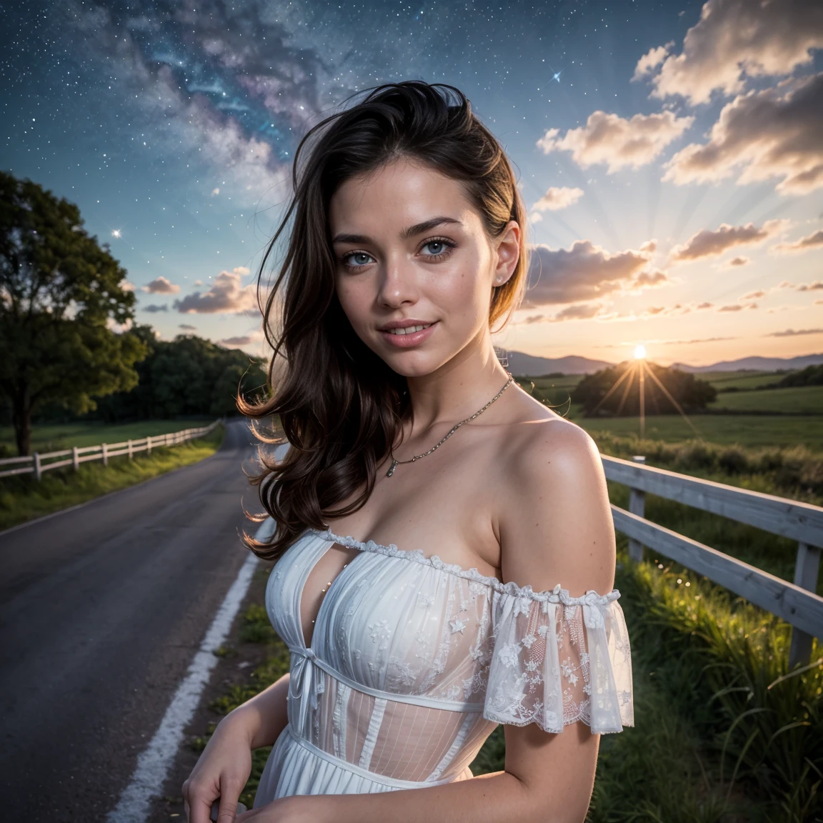8k, Hi-res, HQ, masterpiece, photorealistic, (seen from below:1.2), A wide angle portrait of a girl (posing on lavender field at the hill, wearing (nothing:1.3), surrounded by a skyline, cozy atmosphere), over exposed bare breast, alluring gaze, beautiful face, mesmerizing eyes, luscious lips, (messy hair with (brunette color hair:1.2)), erotic pose, sensual looks, soft skin, perfectly huge droopy breasts with soft skin, exquisite details, captivating beauty, confidence, elegance and charm, all eyes on her, desirable, irresistible temptation, sultry mood, enticing allure, sizzling sensuality, enticing slim body, feminine grace, teasingly erotic, captivating posture, naughty innocence, forbidden desire, unrestrained passion, creamy complexion, inviting gaze, bewitching smile, curvaceous silhouette, slender posture, skinny body, collarbone, perfect hand, playful imagination, intimate moment, photon mapping, natural lighting, cool color, aesthetic, unique, (facing forward:1.3)
