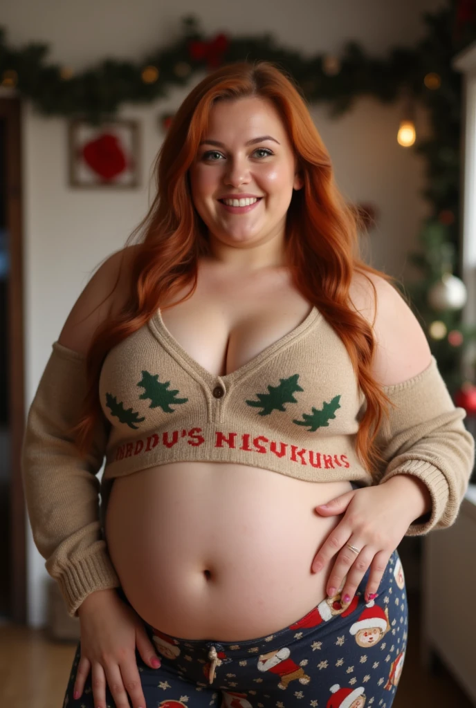 A happy photo of a young cute redhead bbw with long wavy ginger hair, huge soft fat belly, wide fat obese hips, thick fat legs and fat arms, cute pretty face, small breasts, blue eyes, freckles, in a cute long covering hoodie and long jeans in a chrismas shop in winter while snowimg
