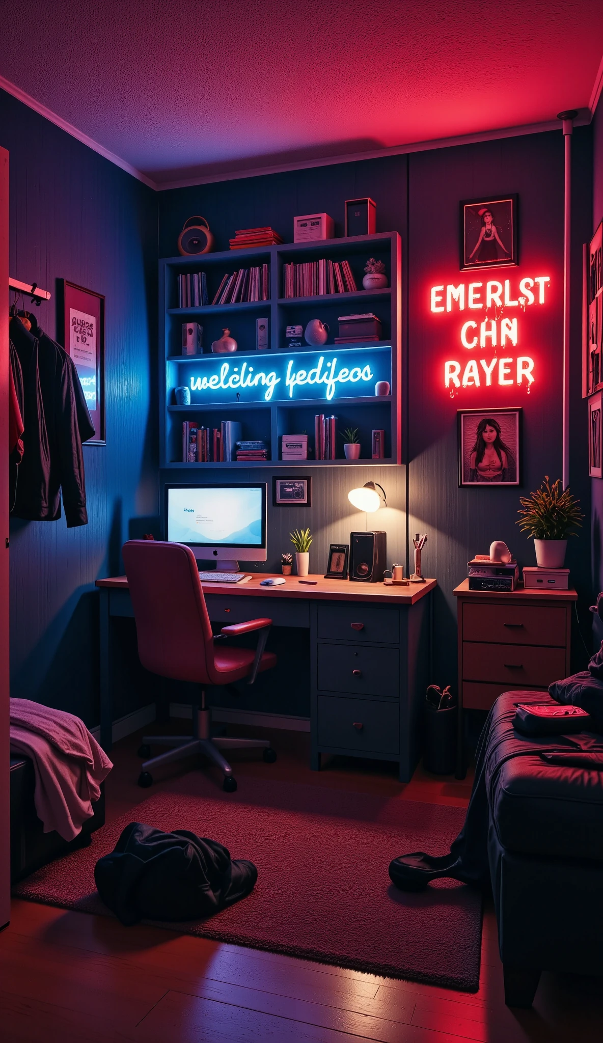 ((teenagers&#39; The rooms are a bit cluttered:1.4)), por la noche:1.3, ((computer on:1.3)), 3 books lying on the floor, Clothes lying around:1.3, (( neon lights:1.5 text, Emergency exit:1.4)), luminous object with neon, ((Imaginative scene)), ((  : 1.4), ((  masterpiece )), ( Hyper detailed and beautiful: 1.3), ( photorealistic : 1.4), 32k .