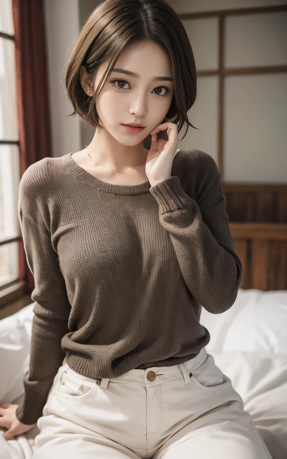 16 years old, Japanese, Capture the light, upper_body, Grey sweater,short hair, ,Earrings, RAW Photos, highest quality, (Photorealistic), Suggestive,(smile:0.7)