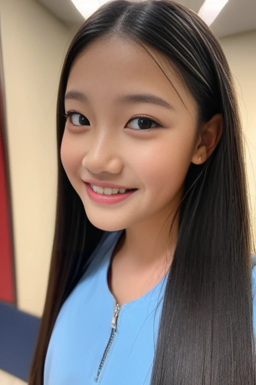 1 girl, 14 years old, cute girl, pretty face, young face, bitter smile, Beautiful black long hair, beautiful jet black eyes, flat chest, small build, No muscles, white skin, completely nude,