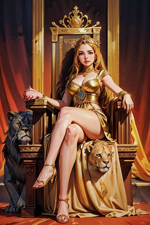 Hot woman in ancient greek dress sitting on a throne, she had a little pig in her hand, there is a lion lie below the throne