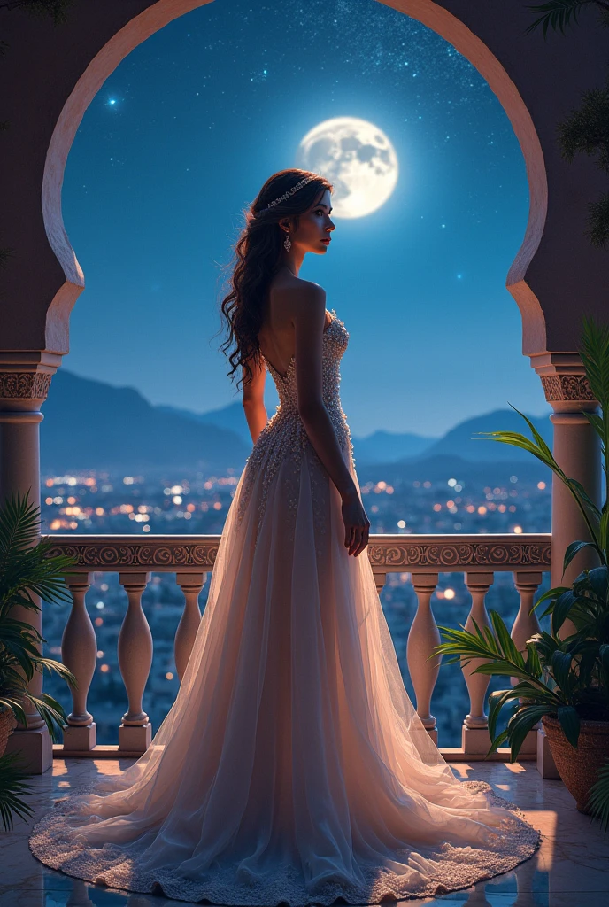 Russian girl. Upper body. Elegance, elegance, smooth skin, ((((pink dress, long skirt), beautiful decorations, princess dress))))), her hair is tied up. She is a 23 year old girl. Dynamic composition, fantasy, overhead view from above ((standing, side breast, exposed back, slender body, beautiful body line, pose, lady, first night, inviting face)), beautiful silhouette, masterpiece, high resolution , Digital SLR, Ultra High Resolution, Sharp Focus, Tack Sharp, Depth of Field, Film Grain, Fujifilm XT3, Crystal Clear, 8K UHD, High Resolution, (((Light blue eyes, fine skin, pores, enchanting looks, beautiful pink-brown hair color, long hair, brown eyes, round face, droopy eyes, thin pink-brown eyebrows, plump lips, freshness, beautiful face, captivating real woman,)) )(((castle, moonlight,))))))) Fantasy colors, realistic