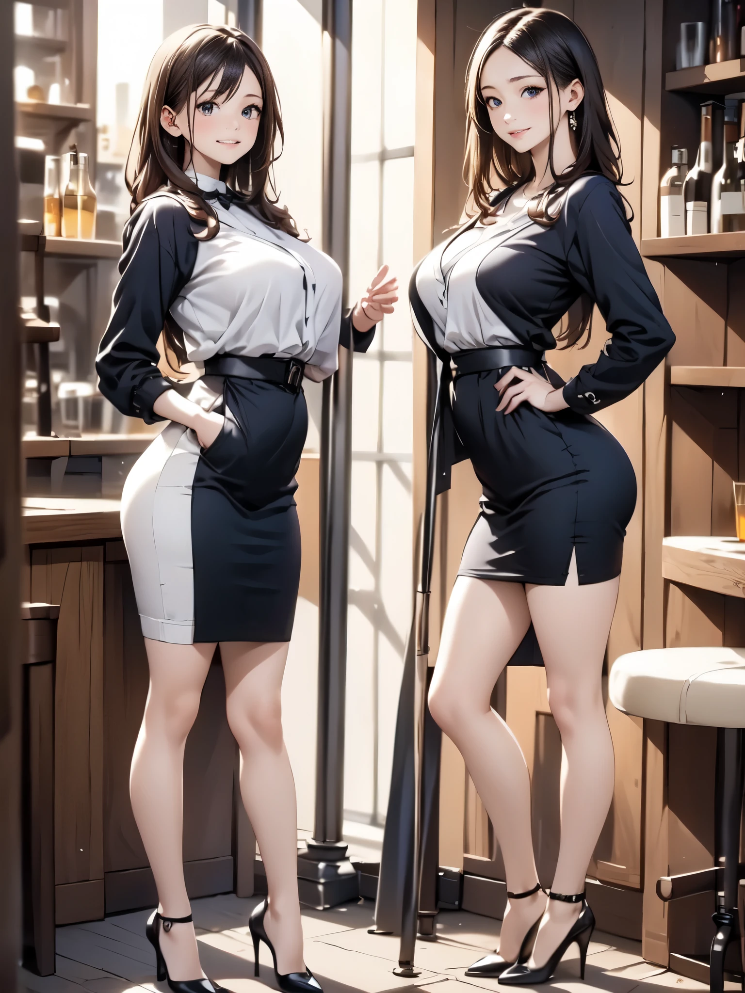 (masterpiece, best quality, highest quality, Masterpiece, 8k:1.5),((Full Body Shot,Including face)), 1girl, ((Focus on the face,Symmetrical facial features)), Beautiful woman, (slender),((High heels,Patterned stockings with straps)), Detailed depiction of the face, Cafe clerk , bar counter, profile, Long skirt, slenderな女性, Medium Long, Vertical Roll,