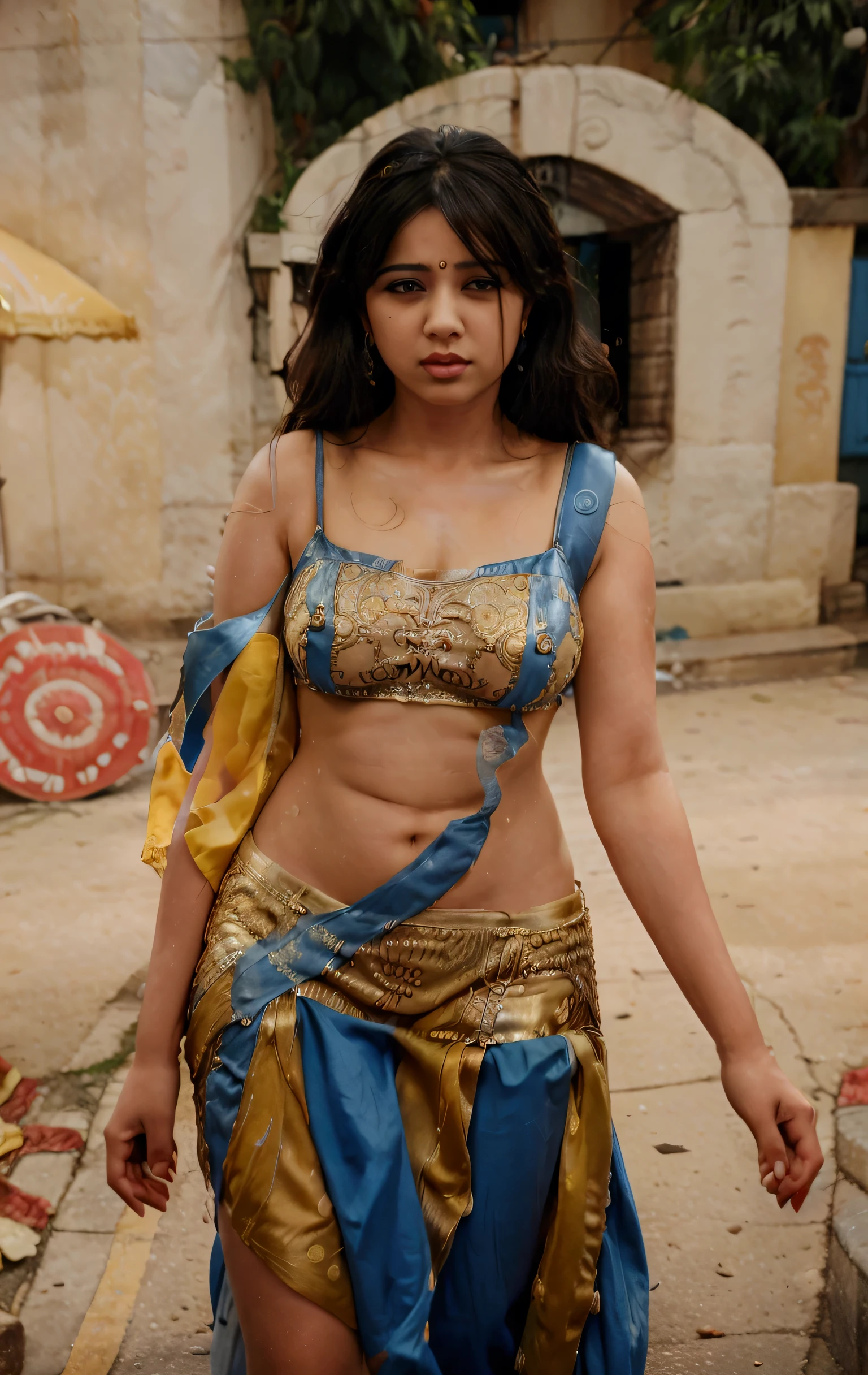 charmy kaur in a blue and yellow outfit walking down a street, seductive pose, stylish pose, print ready, sexy movie photo, movie stills, very seductive pose, indian goddess, indian super model, wonderful scene, actress, tummy, beautiful goddess, stunning woman, high quality movie still, beautiful pose, waist - shot, navel, hello