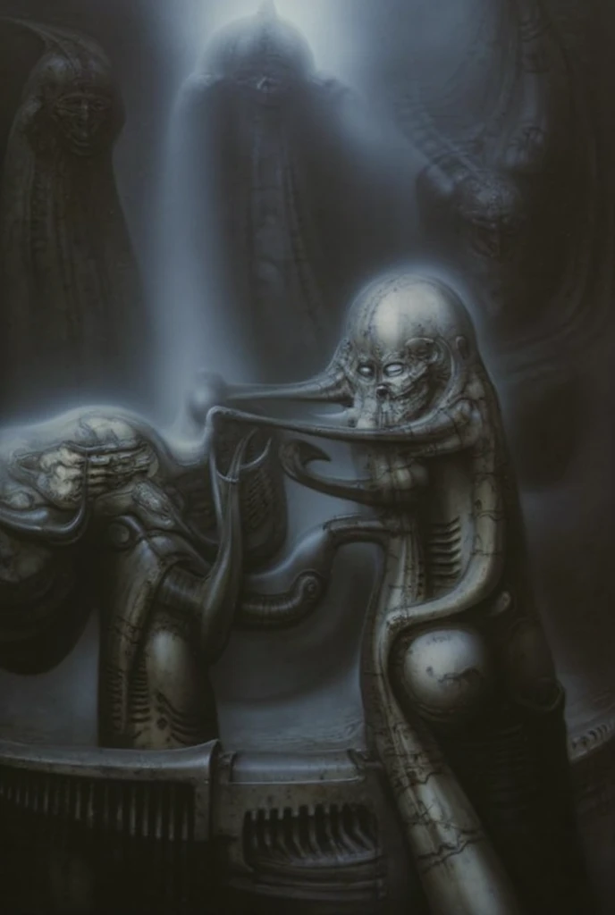 H. R. Giger's g1g3r, , The image  is a classic piece of biomechanical art by H.R. Giger. , couple , (Triadic:1.1), (Proportion:1.1),  , (Reflected light:1.2), , ultra detailed, intricate,, dry b (best quality:1.4), H.R. GIGER,  BY GIGER