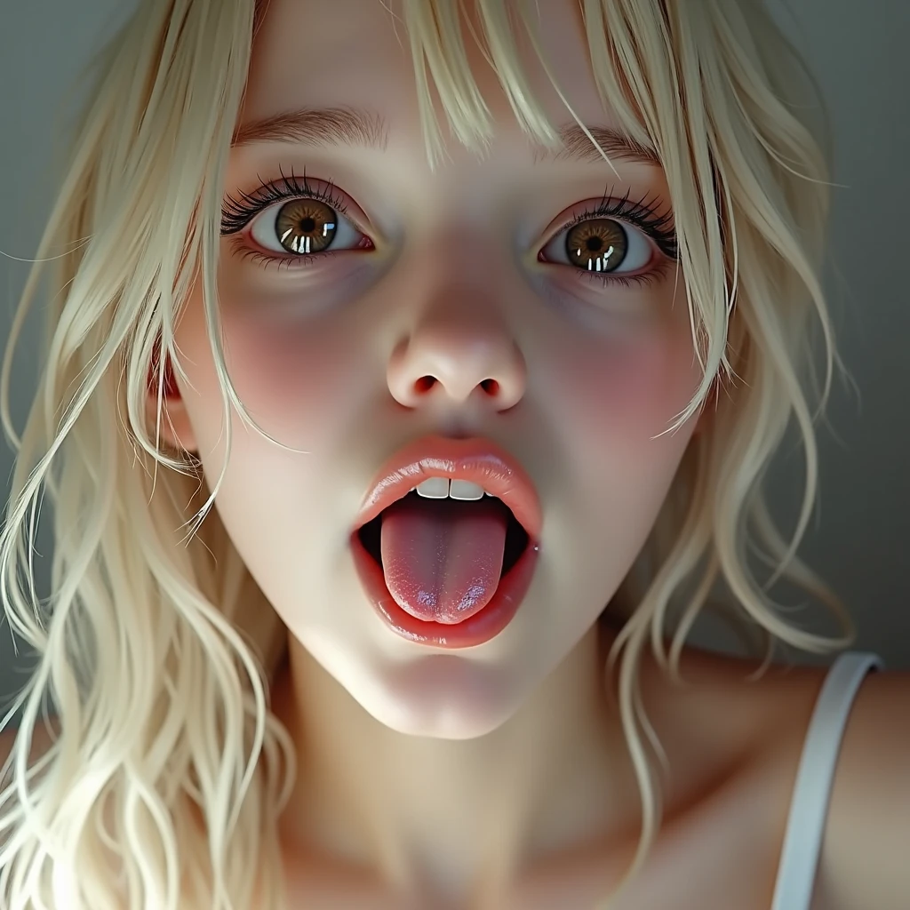 masterpiece, highest quality, (Squatting and tiptoe, Leg spread:1.3), (nude, Completely naked:1.5), (Close up on face, Sticking out a long tongue, Ahegao:1.5), beautiful girl, happiness, smile, Beautiful and detailed, Details, Long, narrow eyes, Dark Eyes, forehead, brown hair, Thin eyebrows, thinner eyelashes, Long eyelashes, Eyelash extensions, (blonde, Wavy hair ends, Long Hair:1.3), Gal Makeup, shiny nipples, shiny areola, Detailed nipples, Detailed areola, Black nipples, Black areola, Realistic nipples, Realistic areola, (Small Tits:1.3), (Sweating profusely, Drooling, Covered in oil:1.3),(vagina:1.1), (Good posture:1.3)