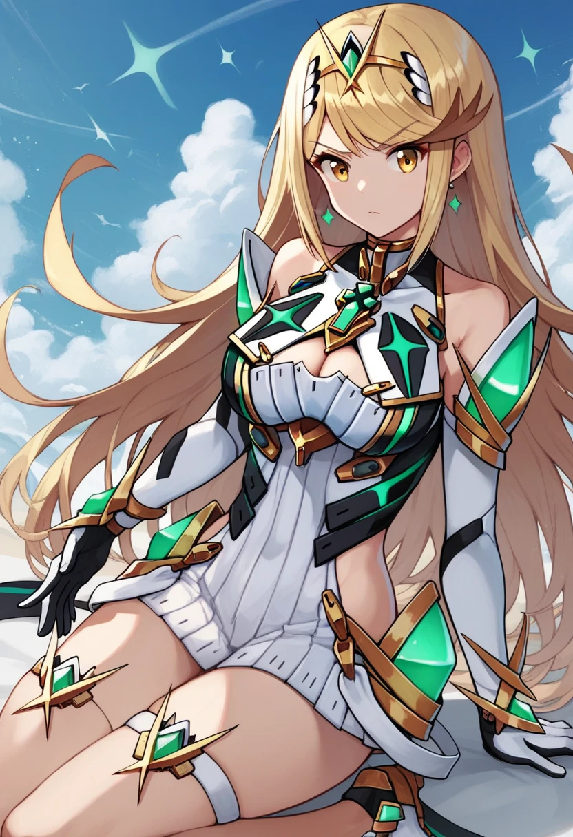 mythra \(xenoblade\), 1girl, yellow eyes, swept bangs, long hair, very long hair, blonde hair, headpiece, tiara, earrings, chest jewel, cleavage, cleavage cutout, jewelry, short dress, white dress, clothing cutout, white gloves, elbow gloves, thigh strap, gem, gem, white footwear