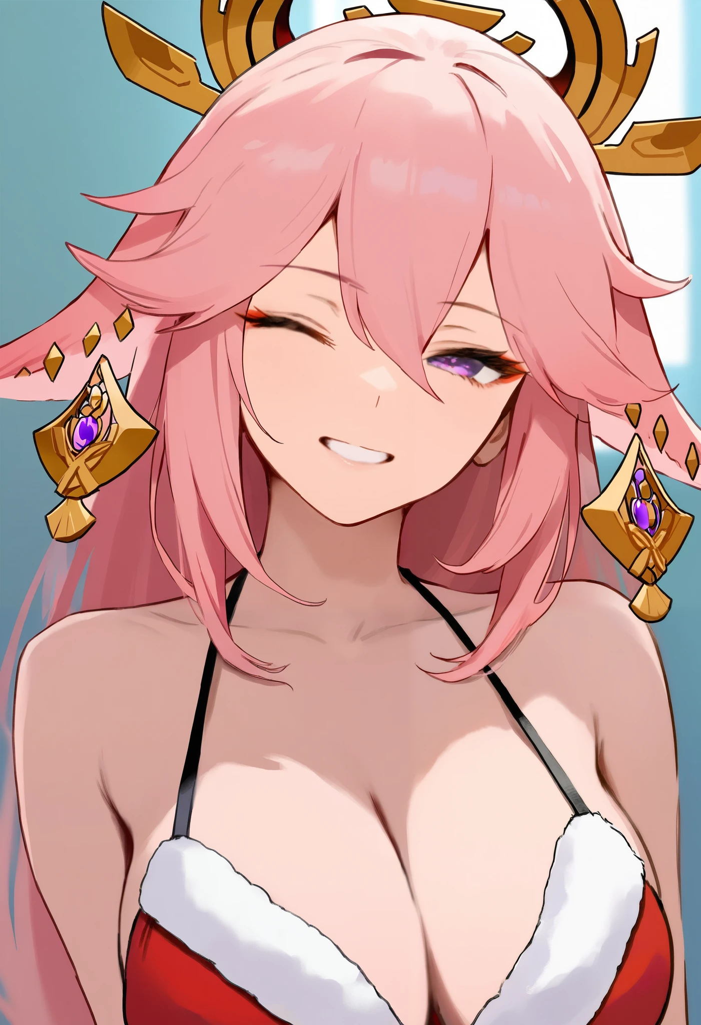  Character Portrait ,(【8k,  top quality , masterpiece:1.2),\(eye details\),\( Facial Feature Details \),(\( Clothing Details  \)\),( 1 woman :1.3), Yae Miko, pink hair with one eye closed,( Santa Bikini ), fox ears,( That Girl Gets Into the Carton:1.3),indoor,