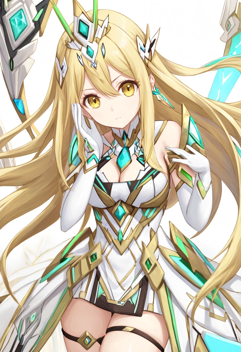 saitou masatsugu, mythra \(xenoblade\), 1girl, armor, bare shoulders, blonde hair, breasts, cleavage, closed mouth, dress, earrings, elbow gloves, eyelashes, floating hair, gem, gloves, hair ornament, hairband, headpiece, jewelry, large breasts, leaning back, long hair, neon trim, pose, sidelocks, skin tight, smile, solo, standing, swept bangs, tiara, black background, very long hair, white dress, ((masterpiece)) <lora:saitou_masatsugu_offset:1> <lora:mythra_pyra_pneuma:0.3>