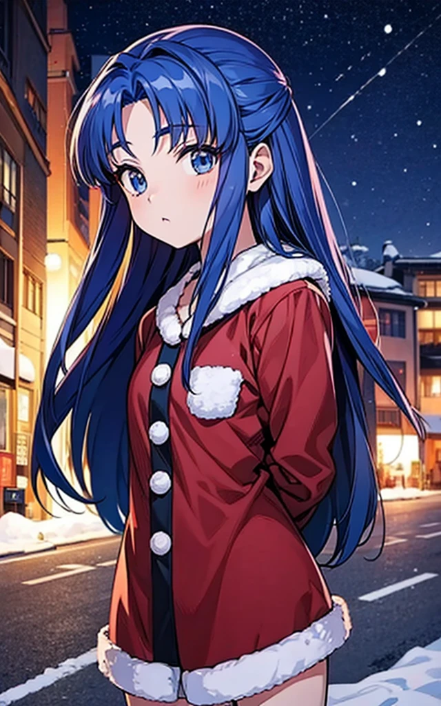 ryouko asakura, arms behind back, anime eye, blue hair, blue eyes, long hair, Xmas, On a snowy night on the street, I met a cute little Santa girl.