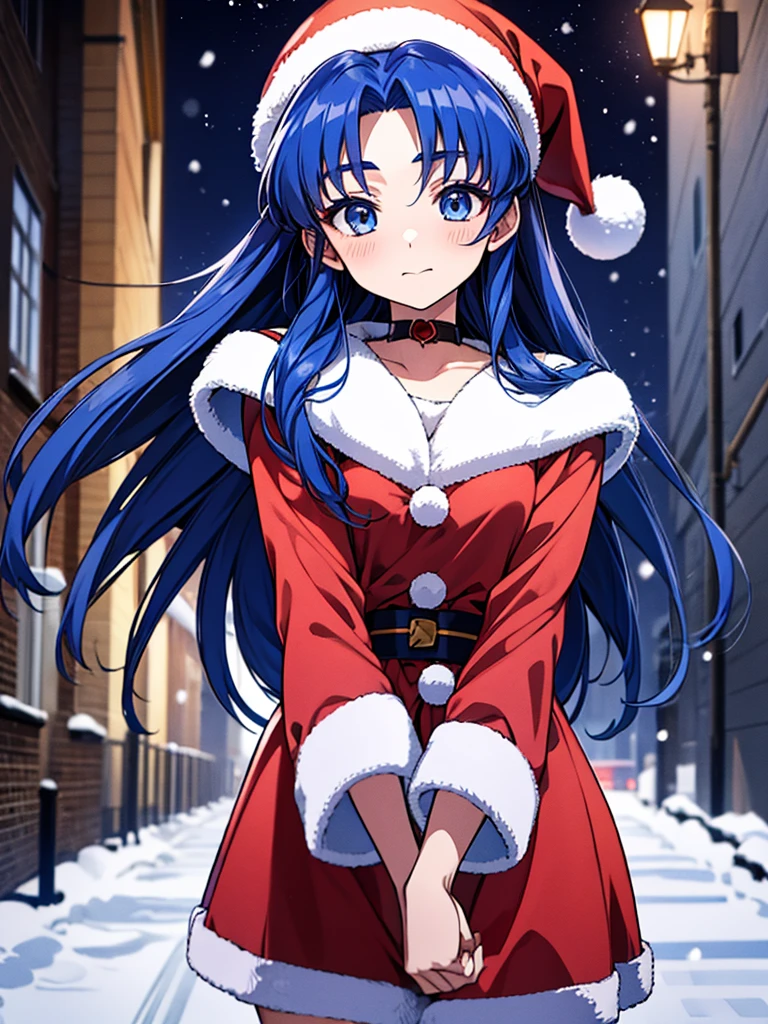 ryouko asakura, arms behind back, anime eye, blue hair, blue eyes, long hair, Xmas, On a snowy night on the street, I met a cute little Santa girl.