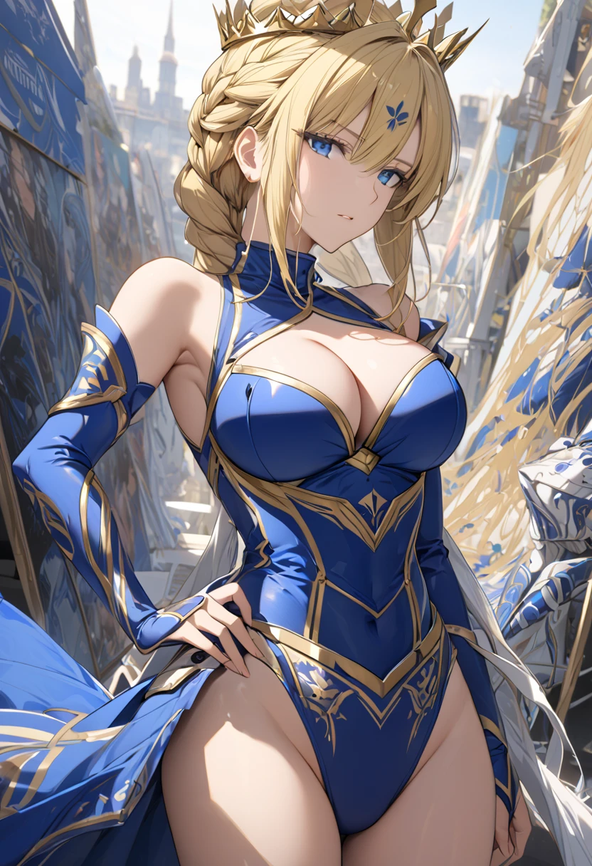  top quality 、unity 8k wallpaper、32K、masterpiece、 very detailed、 super high res、 very detailedな顔,  RAW photo,  professional touching hips,  Super Detailed Painting ,  One Girl ,Blonde and blue eyes、 Artoria Lancer ,  braided ,  crown,  twist up ,   turtleneck,  Cleavage Cut Out,  sleeveless,  blue leotard ,  elbow gloves,  Blue Saihai , 