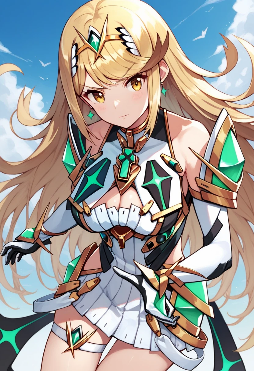 mythra \(xenoblade\), 1girl, yellow eyes, swept bangs, long hair, very long hair, blonde hair, headpiece, tiara, earrings, chest jewel, cleavage, cleavage cutout, jewelry, short dress, white dress, clothing cutout, white gloves, elbow gloves, thigh strap, gem, gem, white footwear