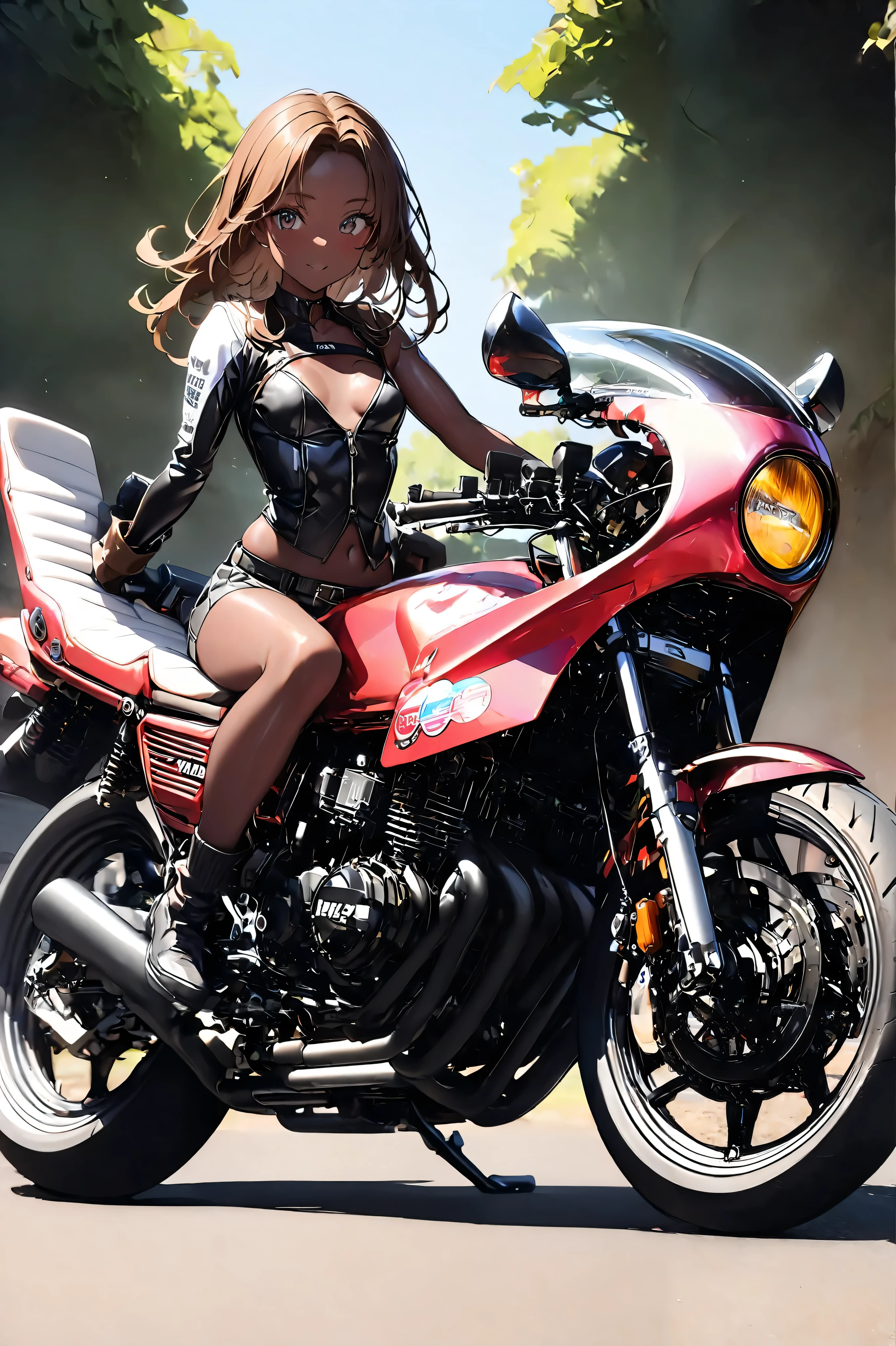 1 high school girl rides a motorcycle tuned to Honda CBX400F cafe racer specifications, a separate handlebars, rocket cow , 、 glossy brown skin, small breasts, video,   inviting ,  top quality ,  leather gloves , perfect face、アホ毛, 