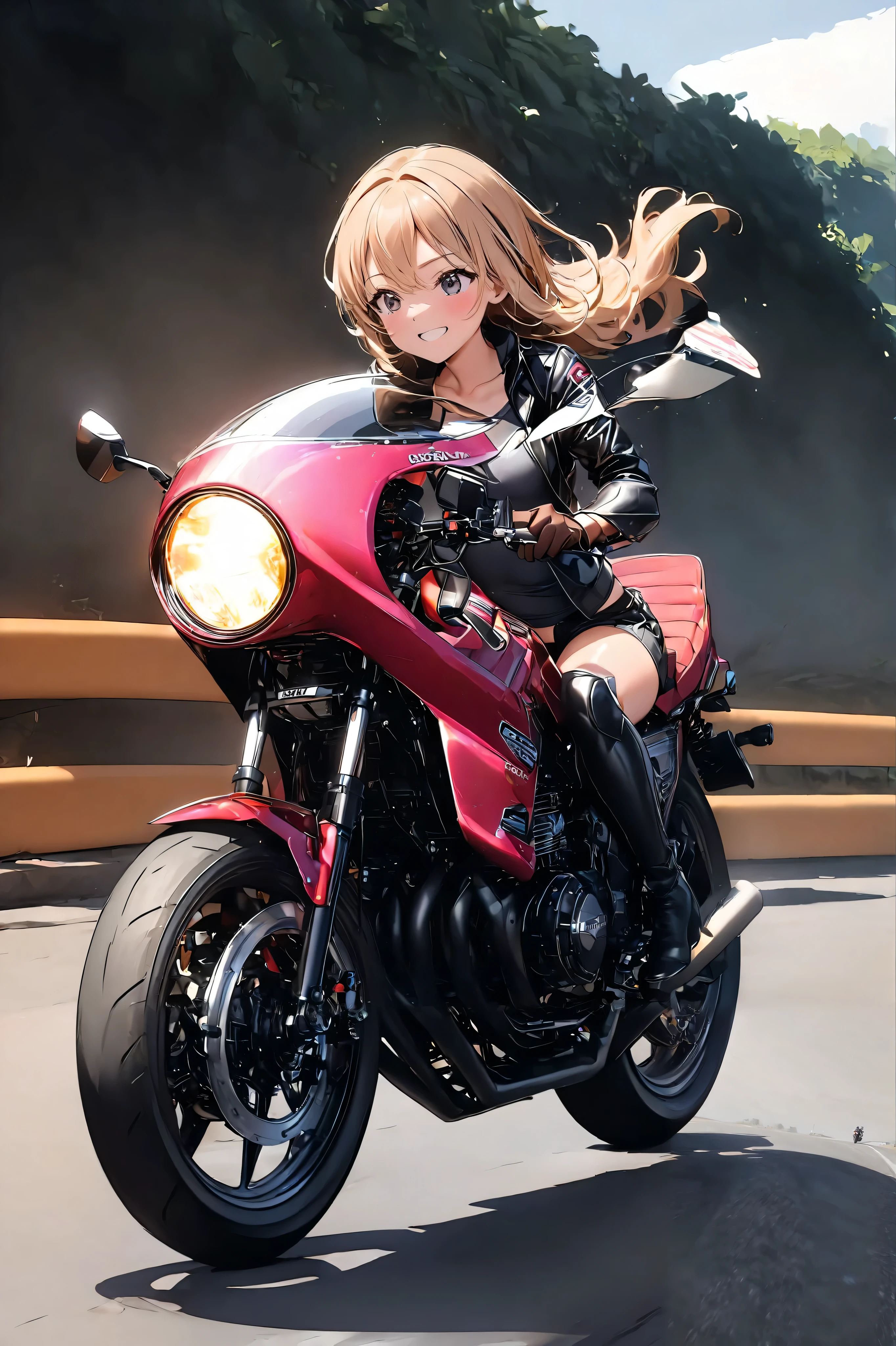 1 high school girl rides a motorcycle tuned to Honda CBX400F cafe racer specifications, a separate handlebars, rocket cow , 、 glossy brown skin, small breasts, video, inviting , top quality , leather gloves , perfect face、アホ毛,