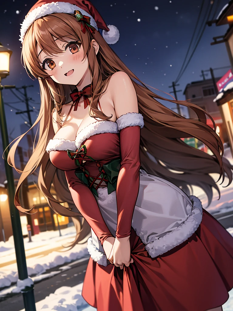 top-quality、Full limbs、complete fingers、Slender beauty、straight haired、Red hair、Beautiful Large Breasts、(Detailed ultra-oily shiny skin:1.1)、oily shiny thighs、(Perfect bright red Santa Claus leotard:1.3)、((Brown pantyhose))、Wearing a Santa Claus hat、((Wearing a Santa Cape))、Beautiful、a smile、Winter cityscape、shopping street、It's snowing、white Christmas