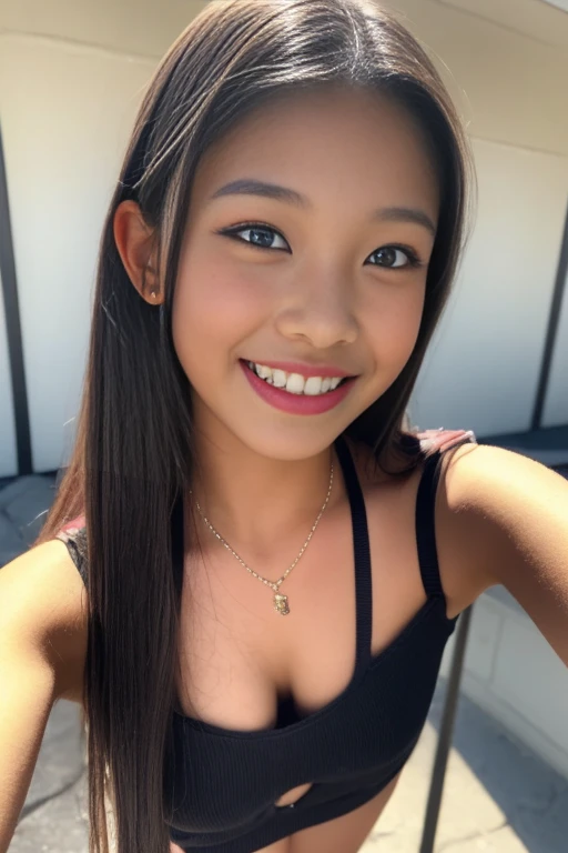 "Generate an image of a charming 16-year-old filipino girl taking a selfie:
- She has a V-shaped face with plump, rosy cheeks
- her hair is tied in a long french braid with a few strands an bangs framing the face.
- her smile is bright and beautiful, with teeth slightly biting her lips
- She is wearing a black sweetheart top (sando)
- The background is a only clear sky, cloudless sky, in a small town or farm setting.
- The selfie is taken with a slight tilt, showcasing her playful personality
Create an image that is vibrant, detailed, and captures the girl's energetic, innocence and carefree spirit!
