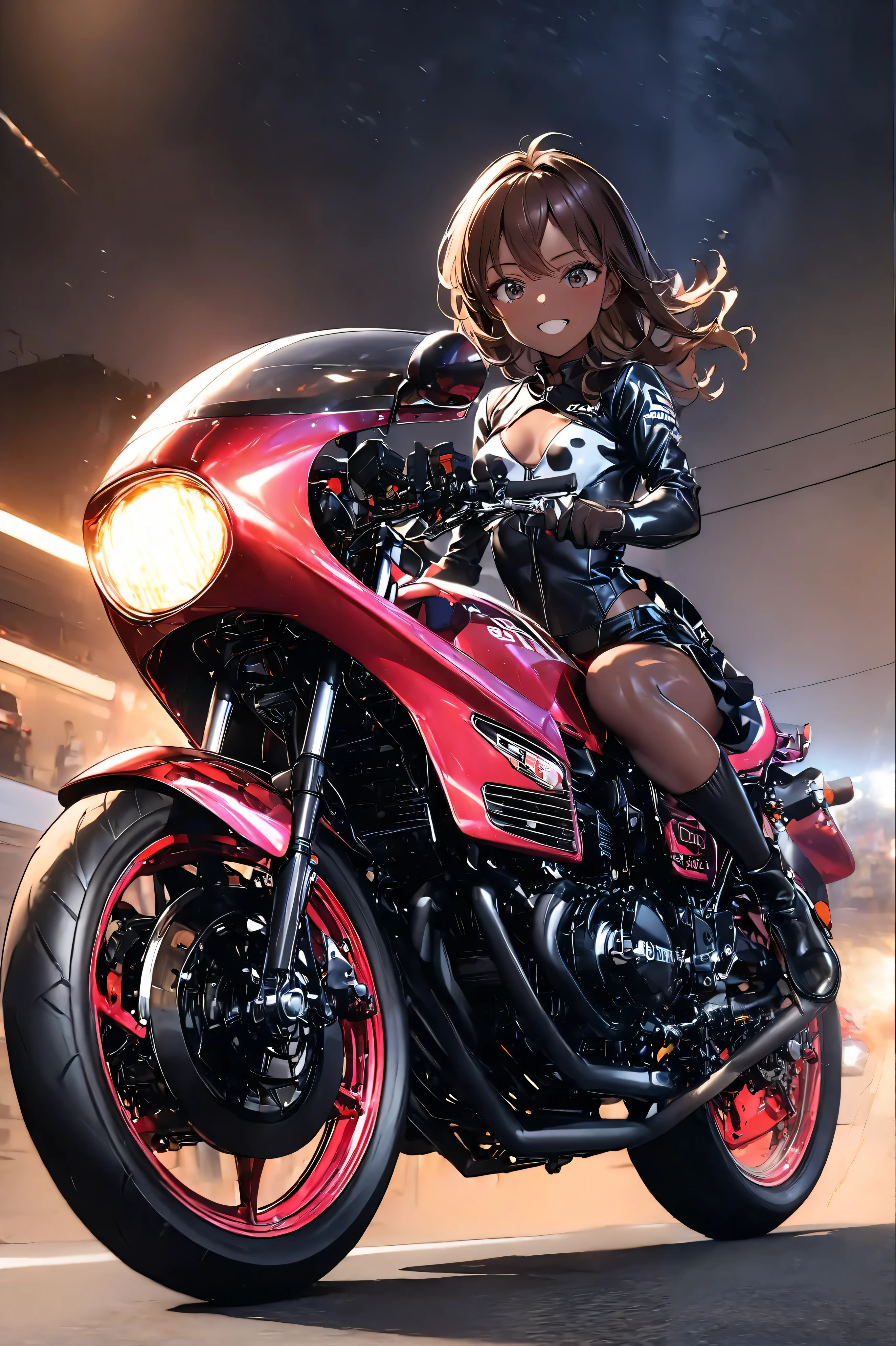 1 high school girl rides a motorcycle tuned to Honda CBX400F cafe racer specifications, a separate handlebars, rocket cow , 、 glossy brown skin, small breasts, video, inviting , top quality , leather gloves , perfect face、アホ毛,