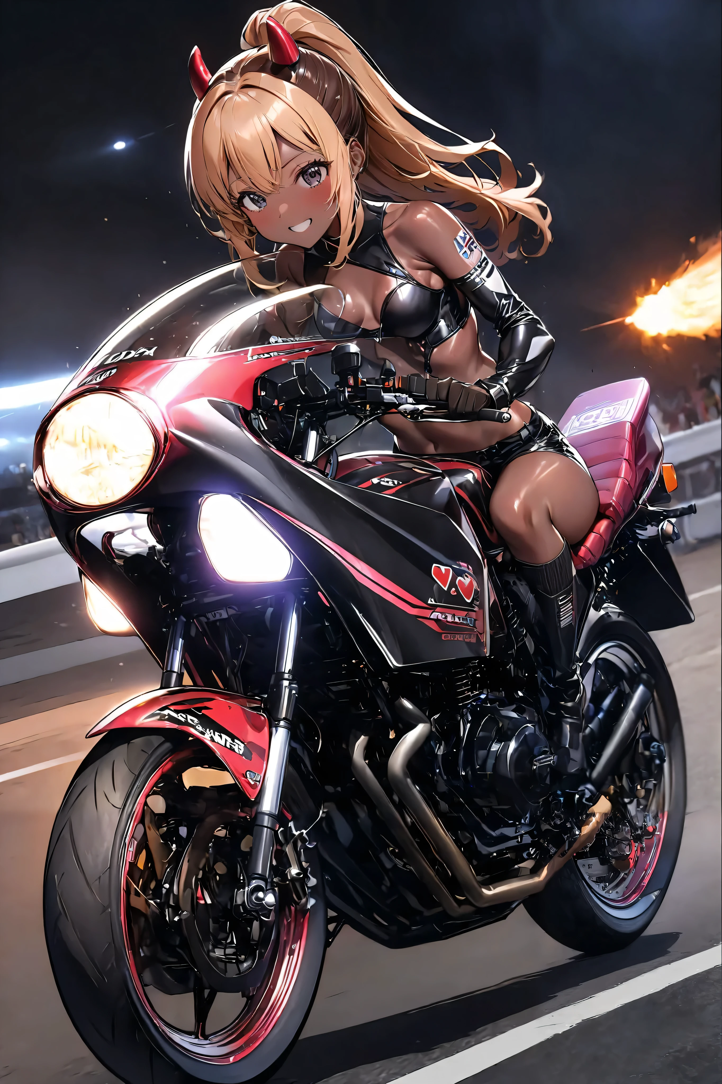 1 high school girl rides a motorcycle tuned to Honda CBX400F cafe racer specifications, a separate handlebars, rocket cow , 、 glossy brown skin, small breasts, video, inviting , top quality , leather gloves , perfect face、アホ毛,
