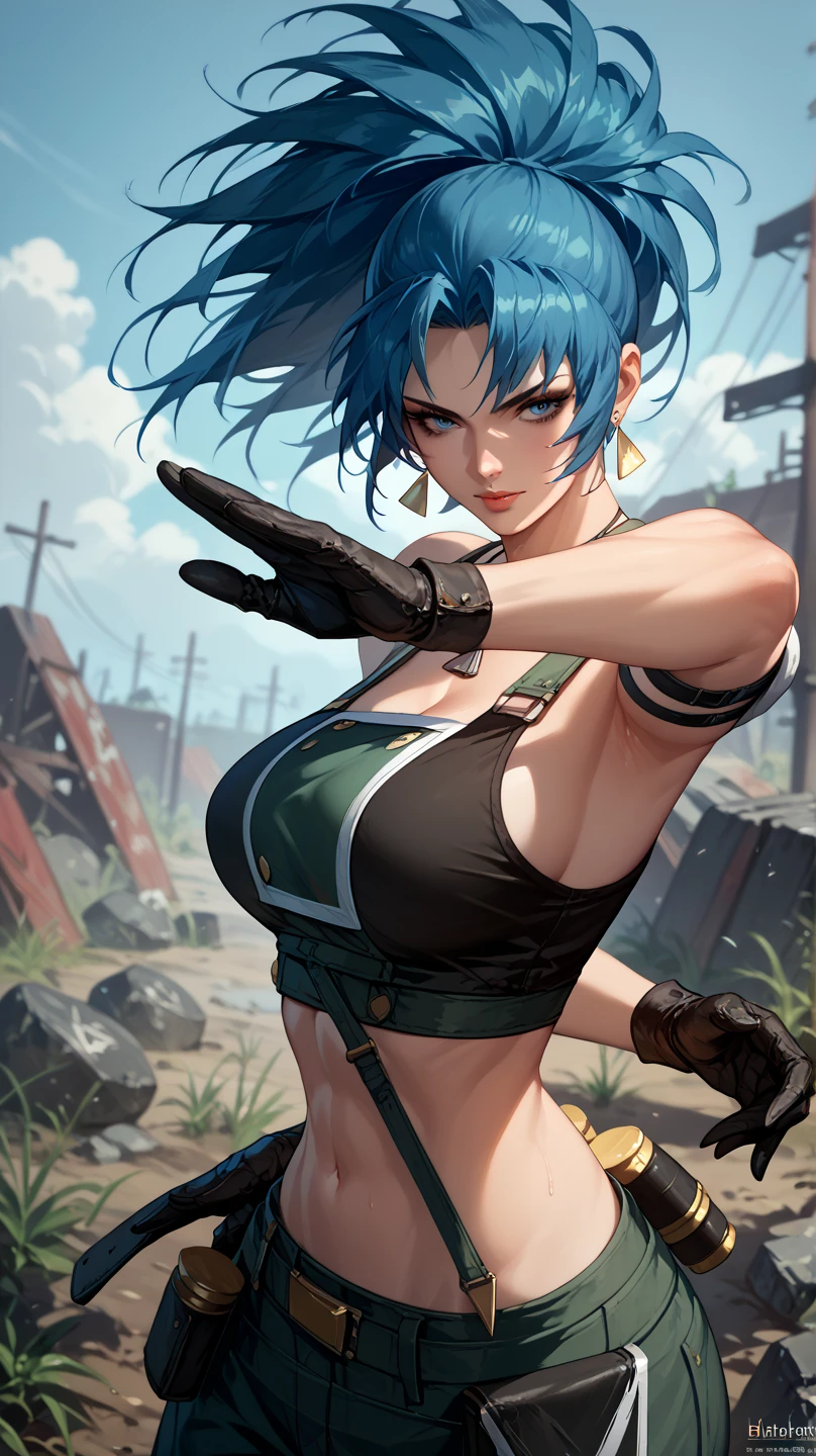 Sexy leona heidern,  Dark blue hair , triangle earrings,  In a wasteland, 