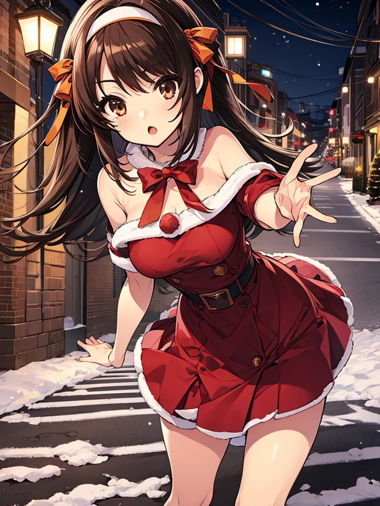 haruhisuzumiya, brown eyes, brown hair, medium hair, hair ribbon, hairband, Xmas, On a snowy night on the street, I met a cute little Santa girl.