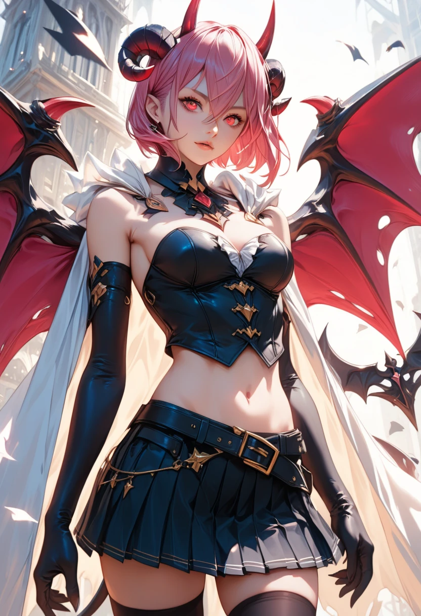 Please follow all prompts below exactly and faithfully. This is a breathtaking masterpiece of digital illustration, with maximum resolution, UHD, 512K, 2160p, 10 million ppi, 300 million dpi, natural color tones, ultra sharp details, perfect outlines with contrast, **most realistic skin and hair textures**, most beautiful detailed eye features, perfect anatomically correct human body, beautiful background with depth, rule of thirds, depth of field, Maximize all element is used to its full potential to create the best digital illustrations, A very sexy and elegant woman with a perfect body style, a beautiful sharp face, slim figure, gravity-defying large breasts, beautiful green eyes, (shiny blonde shaggy cut short hair covering one eye), glossy, sensual, Devil Horns, Devil Wings, A demon with long, spiraled horns and dark, membranous wings in a powerful motion. The demon is adorned in a bright, intricately designed skirt with vibrant patterns. The outfit consists of over 20 detailed features, including flame-like designs, magical glyphs, and ornate armor. The demon is equipped with a formidable weapon, adding to its terrifying presence.
