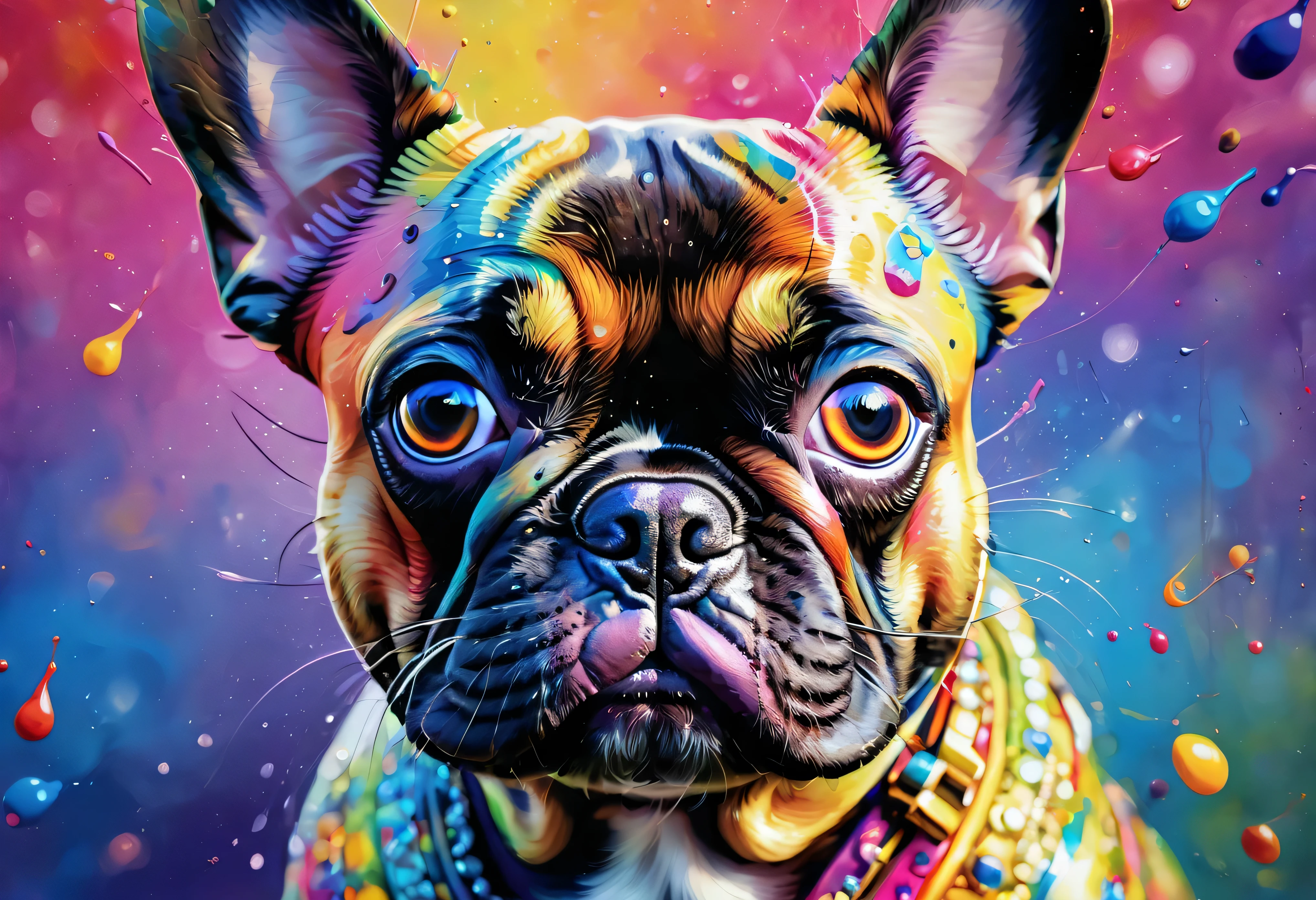 犬の絵 with a colorful face and eyes, BEAUTIFUL 4K ART , Detailed painting 4k,  a painting by Alessandro Pautasso, Rendered in high resolution, Vadim Kashin.  super real , in a French bulldog picture ,  Gautama Buddha  wearing a French bulldog,  Colourful and Detailed,  detailed 4k painting , French bulldog picture 