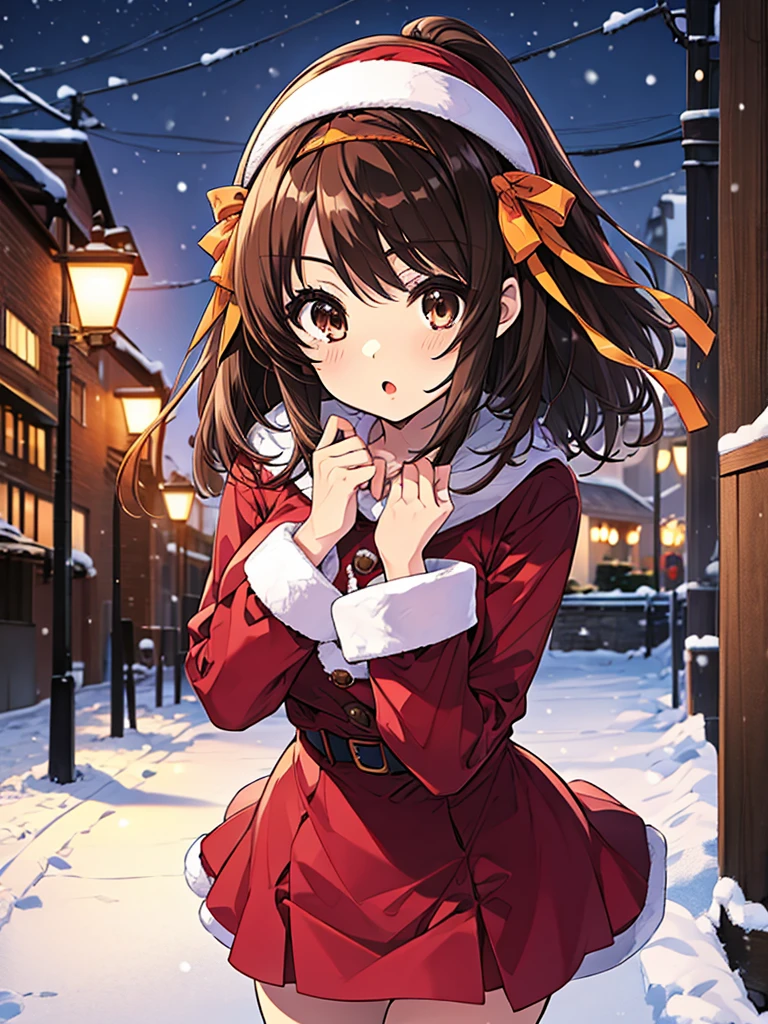 (haruhisuzumiya), brown eyes, brown hair, (medium hair), hair ribbon, hairband, Xmas, On a snowy night on the street, I met a cute little Santa girl.