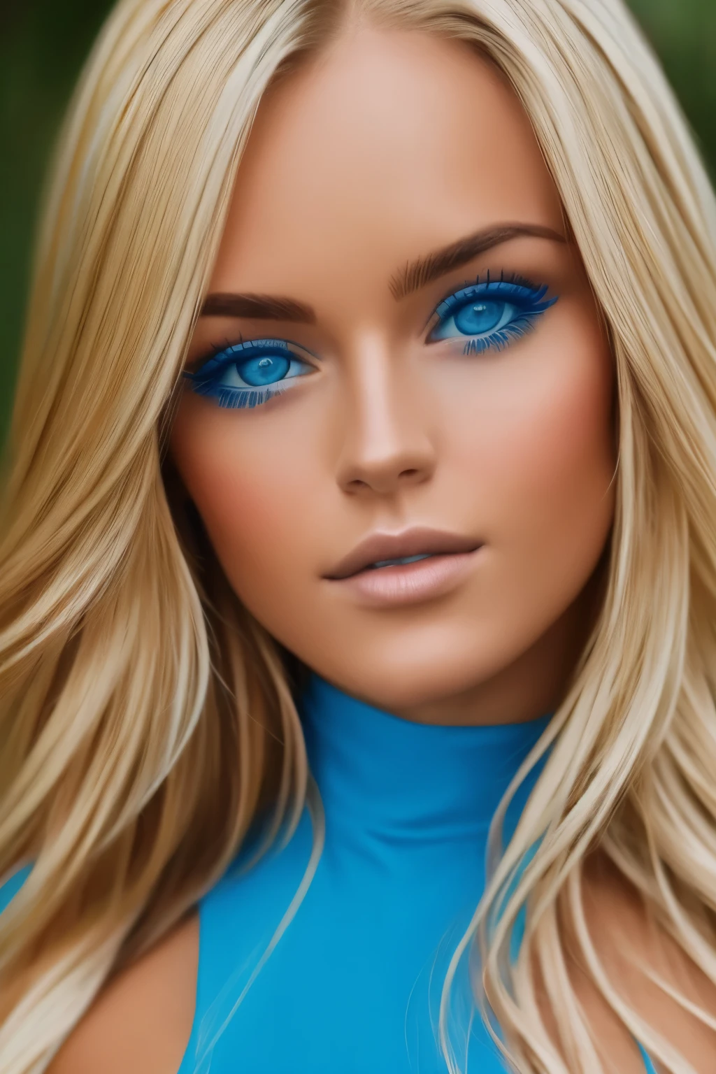 realistic portrait, blonde, blue colored iris pretty