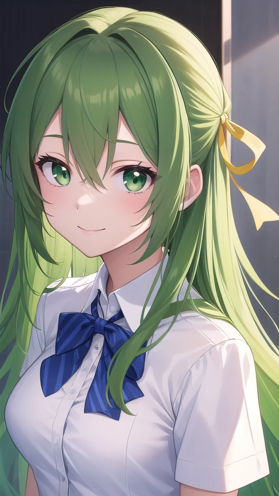 ((masterpiece)),(best quality),official art,extremely detailed CG,unity 8k wallpaper,ultra detailed,beautiful detailed eyes,extremely detailed face,1girl,solo,upper body,(portrait:1.5),looking at viewer,facing viewer,smile,sonozaki shion,very long hair,green hair,hair ribbon,yellow ribbon,hair between eyes,parted bangs,green eyes,collared shirt,white shirt,short sleeves,bowtie,blue bow,striped bow,large breasts,tight,blue skirt,pleated skirt,zettai ryouiki,black thighhighs,loafers,