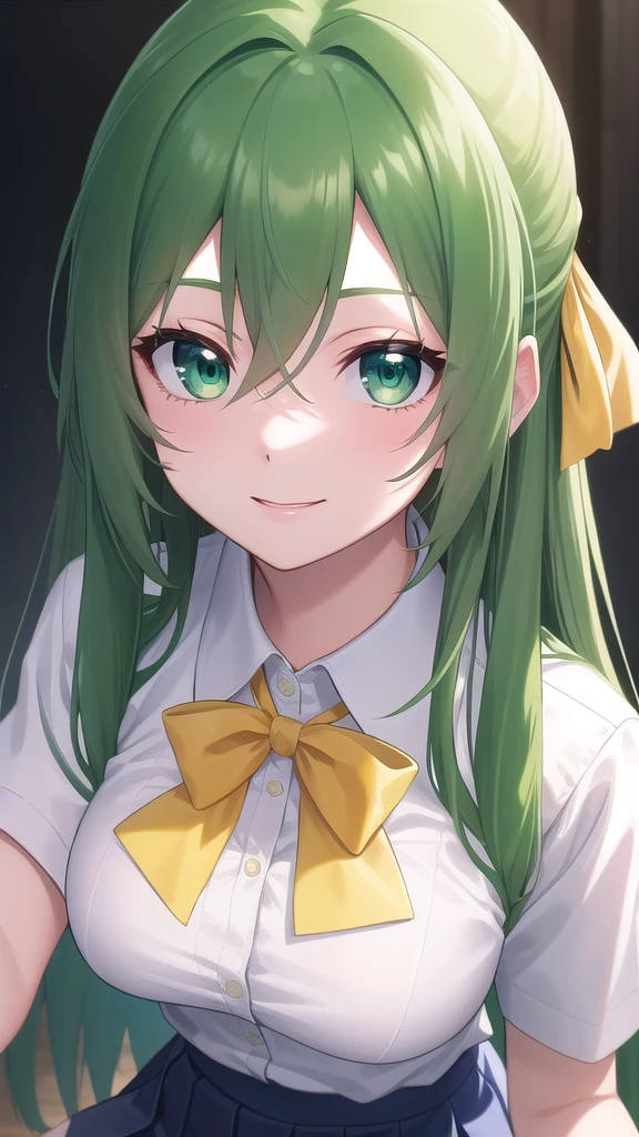 ((masterpiece)),(best quality),official art,extremely detailed CG,unity 8k wallpaper,ultra detailed,beautiful detailed eyes,extremely detailed face,1girl,solo,upper body,(portrait:1.5),looking at viewer,facing viewer,smile,sonozaki shion,very long hair,green hair,hair ribbon,yellow ribbon,hair between eyes,parted bangs,green eyes,collared shirt,white shirt,short sleeves,bowtie,blue bow,striped bow,large breasts,tight,blue skirt,pleated skirt,zettai ryouiki,black thighhighs,loafers,