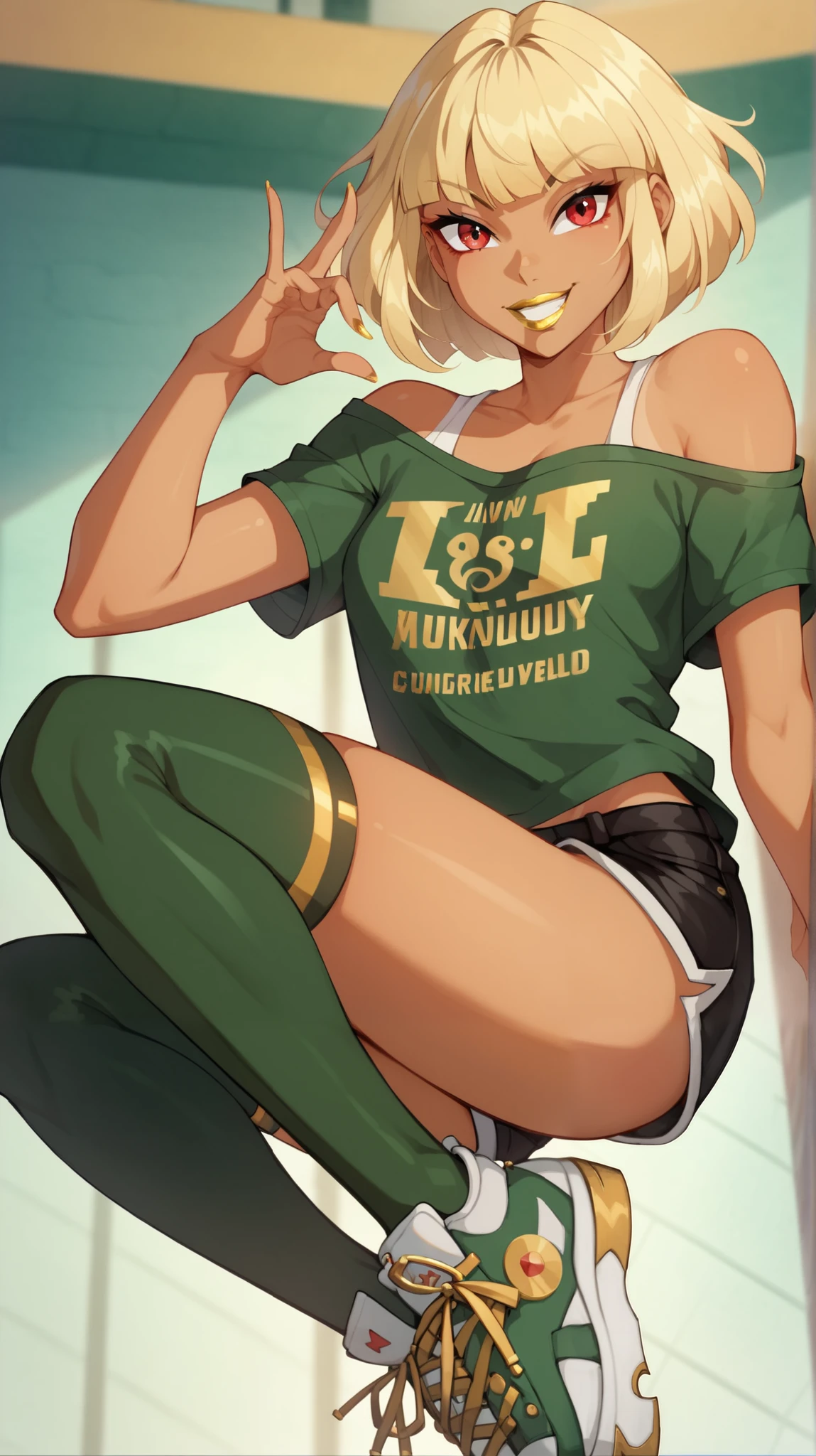 1 girl, small, (15 years old, she is 15 years old), blonde, two pigtails, big lips, big breasts, big thighs, (brown eyes), (wears a white t-shirt, t-shirt with a deep neckline, transparent, very tight to her body, she has her shirt on, you can see her belly, very wet), (she is wearing a mini skirt, very tight, very short, her butt is visible), (no bra, no panties), (barefoot), (red cheeks, evil smile, lascivious smile), standing in the garden, summer evening