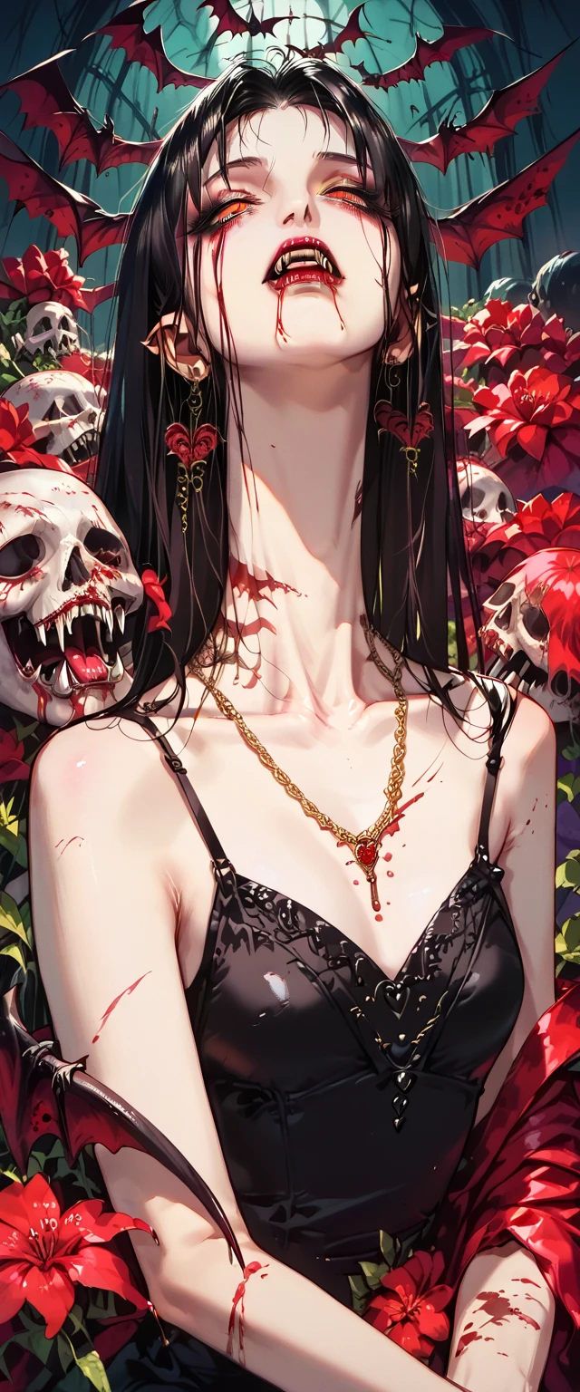  You can see a flat detail of the shoulders, A woman's collarbones and neck , Vampire bite on the neck, blood, has a necklace, nice view, elegant neckline,  elegant dress,  dead flowers , bats. Detail shot