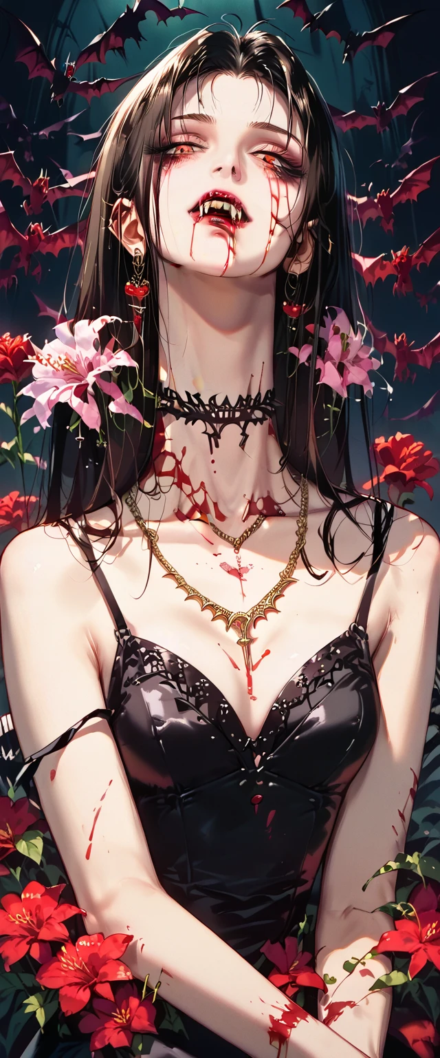  You can see a flat detail of the shoulders, A woman's collarbones and neck , Vampire bite on the neck, blood, has a necklace, nice view, elegant neckline,  elegant dress,  dead flowers , bats. Detail shot