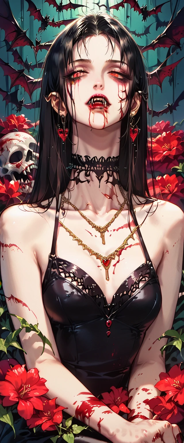  You can see a flat detail of the shoulders, A woman's collarbones and neck , Vampire bite on the neck, blood, has a necklace, nice view, elegant neckline,  elegant dress,  dead flowers , bats. Detail shot