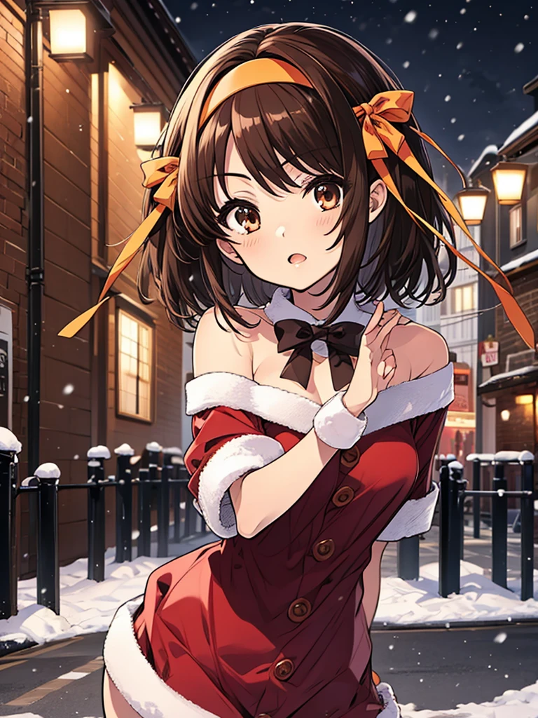 haruhisuzumiya, brown eyes, brown hair, (medium hair), hair ribbon, (hairband), Xmas, On a snowy night on the street, I met a cute little Santa girl.