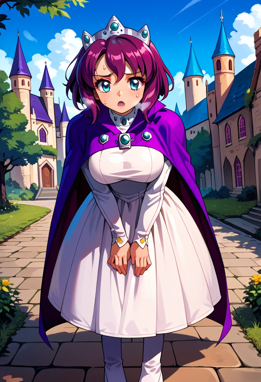 source_anime, 1girl, solo, sfw, (full body shot), (front view), hrta, purple hair, short hair, blue eyes, crown, purple cape, brooch, long sleeves, white dress, large breasts, blue sky, medieval, castle, clouds, trees, (standing up), (bending forward), (hands touching knees), exhausted, heavy breathing, moaning, aroused, eyes closed, mouth open, pain expression, wet, sweating