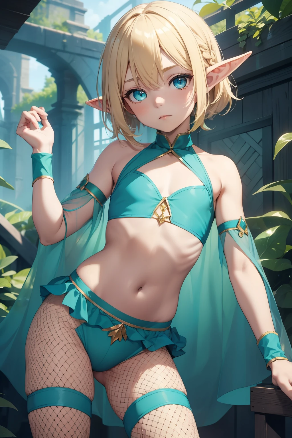 young boy, longue blonde hair, elf ears, turquoise eyes, Yellow in the upper right corner, short, Transparent, open belly, fishnet tights, Masterpiece, hiquality