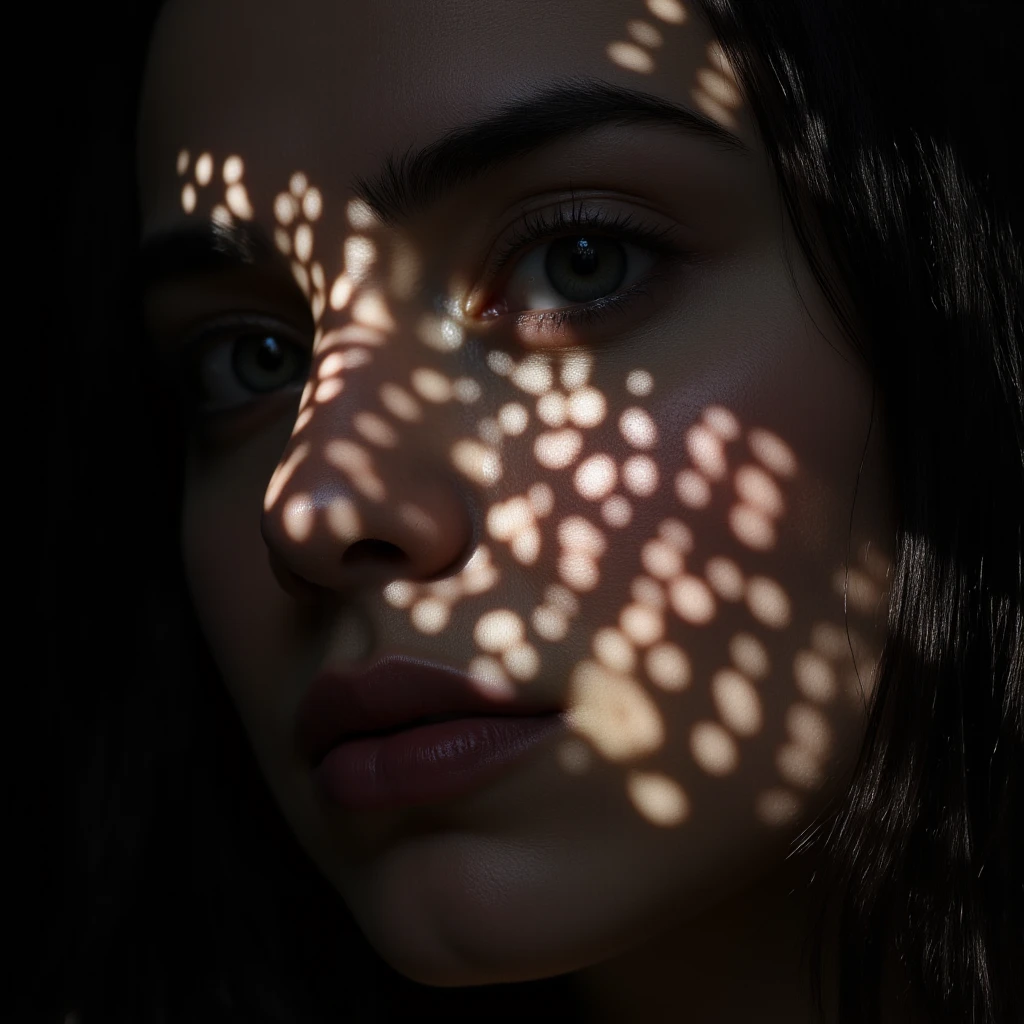 A photo of a (face bathed in patterned light:1.3), (speckled shadows:1.2), (captivating gaze:1.1), (contrast of light and texture:1.2), artistic interplay, (sharp luminous streaks:1.1), (detailed iris:1.1), Sony α7R IV, 1/320s, f/2.8, ISO 400, (enigmatic expression:1.2), (highlighted facial contours:1.1), (intimate portraiture:1.2), RAW file format, (visual rhythm:1.1), (intrinsic contrast:1.2).