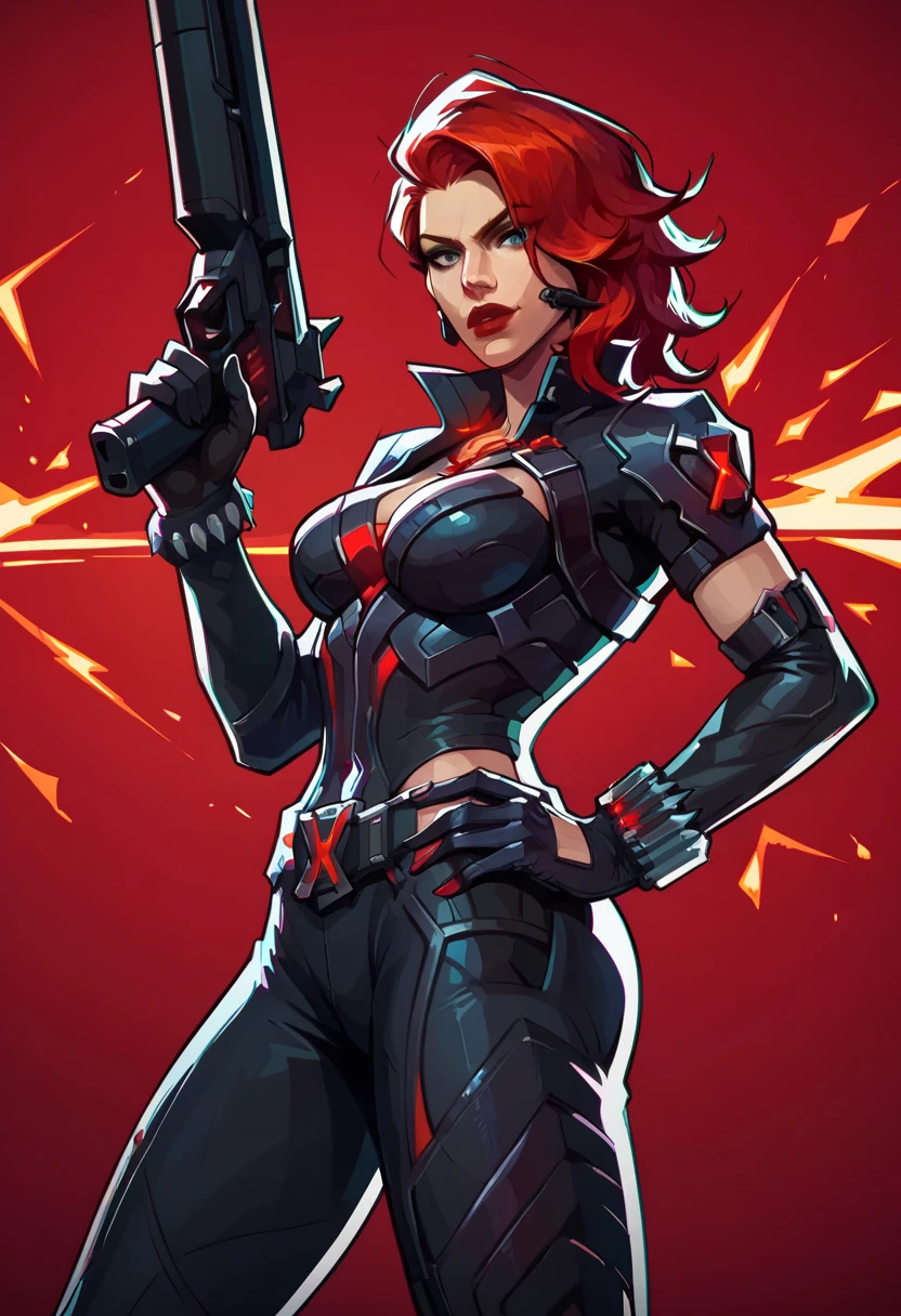 score_9, score_8_up, score_7_up, score_6_up, expressiveh, blackwidow_rivals, 1girl, solo, cowboy shot, red hair, asymmetrical hair, headset microphone, eyeliner, blue eyes, red lips, bodysuit, black bodysuit, gloves, black gloves, forearm guns, black clothes, red details, red glow, baton_(weapon), holding weapon, sniper rifle, holding sniper rifle, huge weapon, posing, hand on hips, red sparks, red background, geometric shapes, looking at viewer, geometric pattern on background
