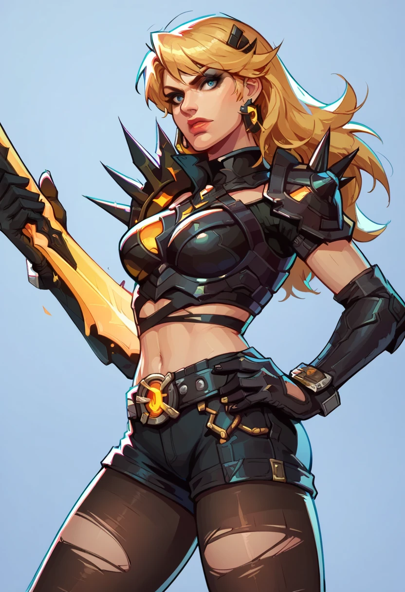 score_9, score_8_up, score_7_up, score_6_up, expressiveh, magik_rivals, 1girl, solo, cowboy shot, blonde hair, long hair, hair accessory, eyeliner, blue eyes, earrings, cropped bodysuit, black bodysuit, armor, belt, gloves, black gloves, black clothes, pauldrons, midriff, navel, short shorts, yellow details, pantyhose, ripped pantyhose, spikes, holding sword, holding weapon, huge weapon, magik sword, glowing sword, yellow sword, weapon, posing, hand on hips, simple background, simple background, geometric shapes
