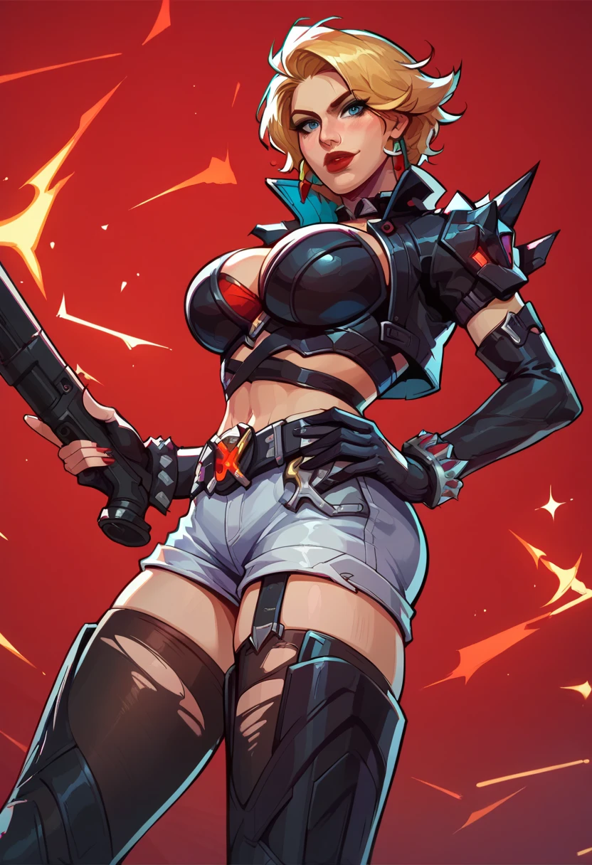 score_9, score_8_up, score_7_up, score_6_up, expressiveh, blackwidow_rivals, 1girl, solo, cowboy shot, red hair, asymmetrical hair, headset microphone, eyeliner, blue eyes, red lips, bodysuit, black bodysuit, gloves, black gloves, forearm guns, black clothes, red details, red glow, baton_(weapon), holding weapon, sniper rifle, holding sniper rifle, huge weapon, posing, hand on hips, red sparks, red background, geometric shapes, looking at viewer, geometric pattern on background, scocore_9, score_8_up, score_7_up, 1girl, lunasnow, black hair, white hair, two-tone hair, blue eyes, large natural saggy breasts, breast squeeze between arms, sexy expression, blush, dramatic lighting, pretty girl, depth of field, bokeh blur, pool, reflection, neon, glowing, teal theme, sexy expression, looking at viewer, white bikini, cowboy shot, arched back, low angle, dynamic pose, snowflakes score_9, score_8_up, score_7_up, score_6_up, score_5_up, score_4_up, masterpiece, ultra-detailed, high resolution, lunafrost, 1girl, solo, gloves, cropped jacket, shorts, thighhighs, jacket, elbow gloves, boots, black footwear, thigh boots, breasts, open hands, animification, huge breasts, multicolored hair, smile, white shorts, city, streets, cleavage, thick thighs, huge ass, jay marvel style score_9, score_8_up, score_7_up, score_6_up, expressiveh, magik_rivals, 1girl, solo, cowboy shot, blonde hair, long hair, hair accessory, eyeliner, blue eyes, earrings, cropped bodysuit, black bodysuit, armor, belt, gloves, black gloves, black clothes, pauldrons, midriff, navel, short shorts, yellow details, pantyhose, ripped pantyhose, spikes, holding sword, holding weapon, huge weapon, magik sword, glowing sword, yellow sword, weapon, posing, hand on hips, simple background, simple background, geometric shapes
