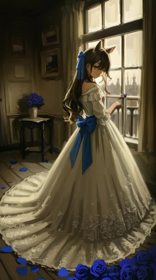 best quality, aesthetic, detailed, by iwzry, by solipsist, 1girl, young girl, rice shower, brown hair, hair over one eye, long hair, horse ears, horse tail, purple eyes, squiggle, black rose, blue bow, blue ribbon, blue rose, purple rose, rose petals
BREAK
wedding dress, (dark room), dramatic lighting, shadow dim light 