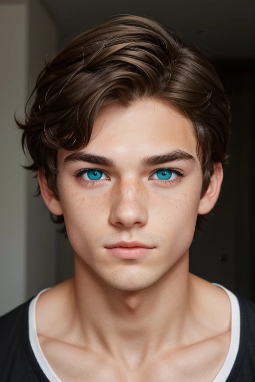 Generate the image of a 17-year-old boy ,  short brown hair slightly curled,  a blue eye and a green eye ( Heterochromia),  freckles all over the body ,  upturned nose and striking eyebrows 