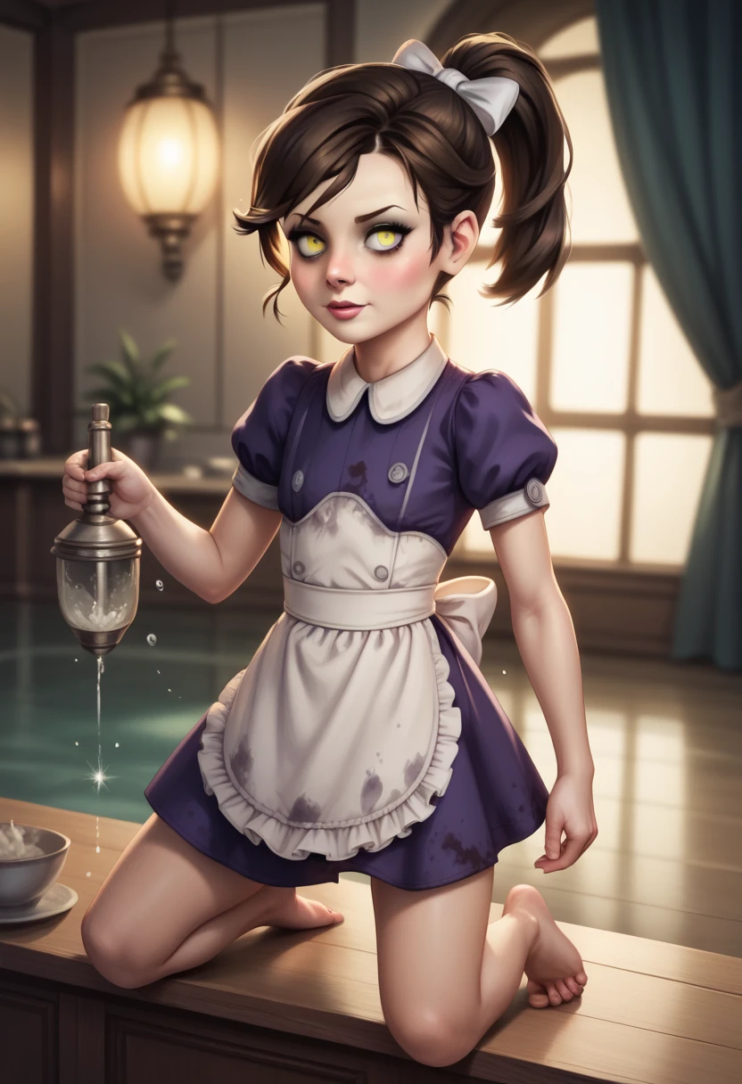 A full-body depiction of Little Sister from Bioshock: a young girl with pale skin, glowing yellow eyes, and a vintage-style dark purple dress with a white apron, slightly tattered at the edges. Her hair is tied back in a messy ponytail, and her expression is sweet and innocent, with a soft blush across her cheeks and over the bridge of her nose, giving her a shy and endearing appearance. Her small, bare feet and delicate posture emphasize her like vulnerability. The background is softly blurred, suggesting an underwater, dystopian ambiance, while keeping the focus entirely on her. Realistic textures, cinematic lighting, and high detail create a captivating and lifelike portrayal, lilsis