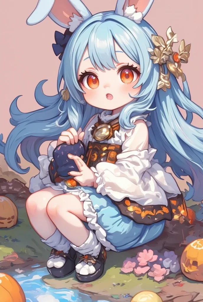 3Dfigure, 1girl, (furry girl, anthro rabbit:1.5), cute flat 2d anime illustration, animal nose, obi, long hair, blue hair, yellow eyes, braid, open mouth, ahoge, multicolored hair, blush, hair between eyes, streaked hair, colored tips, breasts, :d, hair flower, half updo, looking back, japanese clothes, japanese yukata, hair ornament, yukata, floral print, sash, looking at viewer, flower, solo, holding, upper body, from side, print kimono, smile, blue kimono, paper fan, holding fan, heart, uchiwa