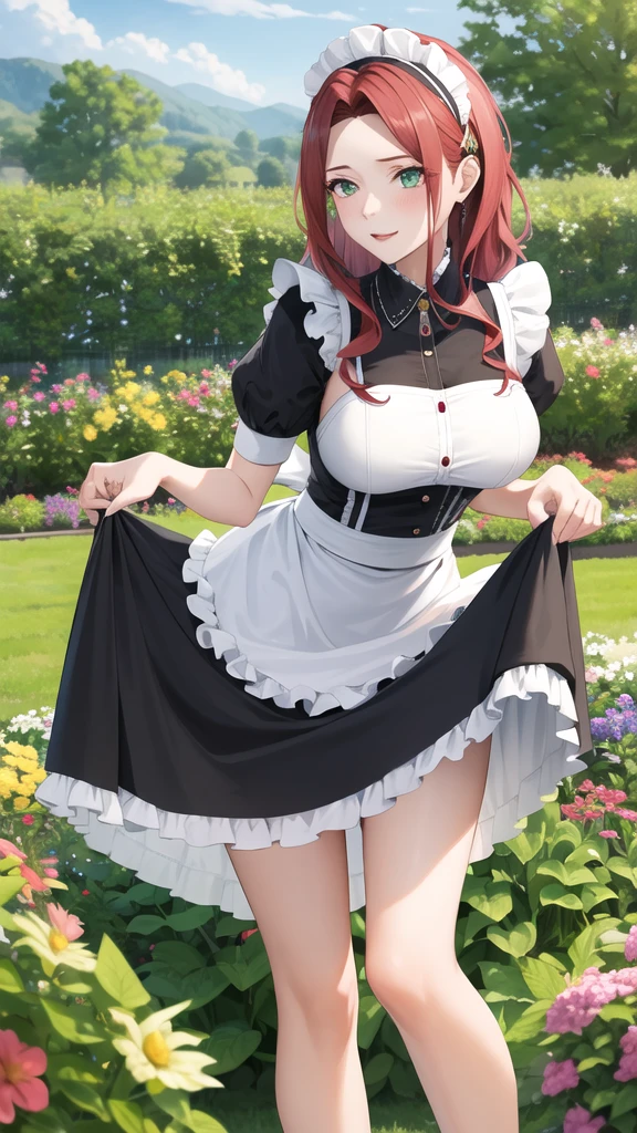 masterpiece, best quality, highres, aamyne, solo, long hair, maid, maid headdress, skirt hold, garden,