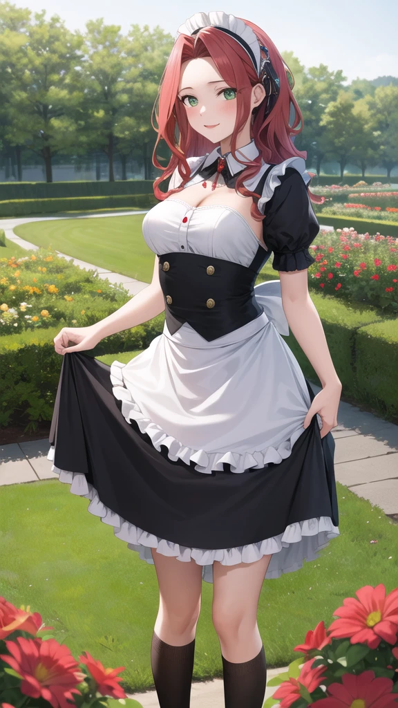 masterpiece, best quality, highres, aamyne, solo, long hair, maid, maid headdress, skirt hold, garden,